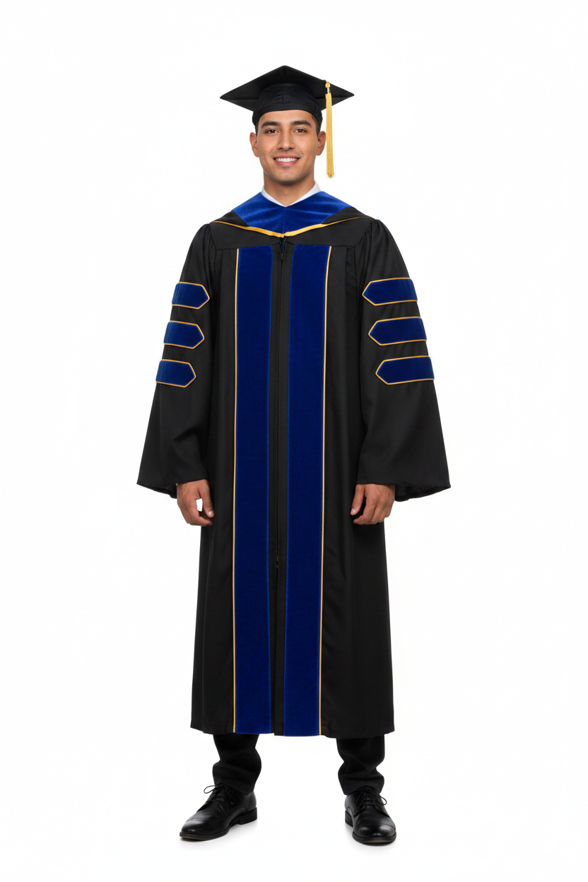 Deluxe PhD Doctoral Graduation Tam Gown Hood Package PhD Blue