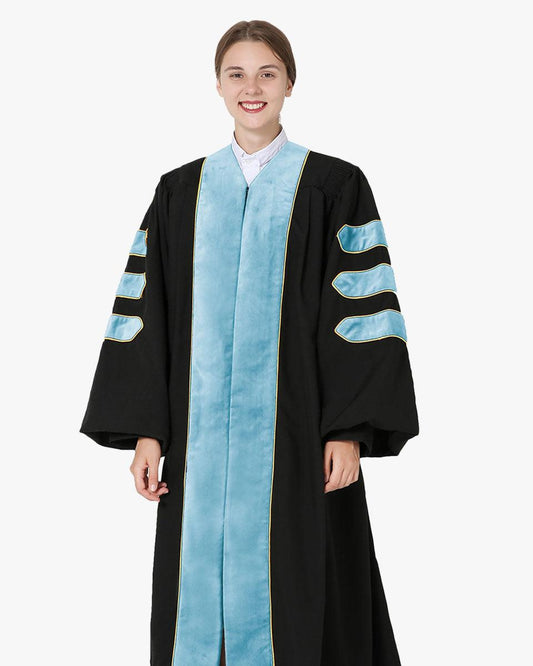 Deluxe Doctoral Academic Gowns - Light Blue with Gold Piping - Graduation Seller