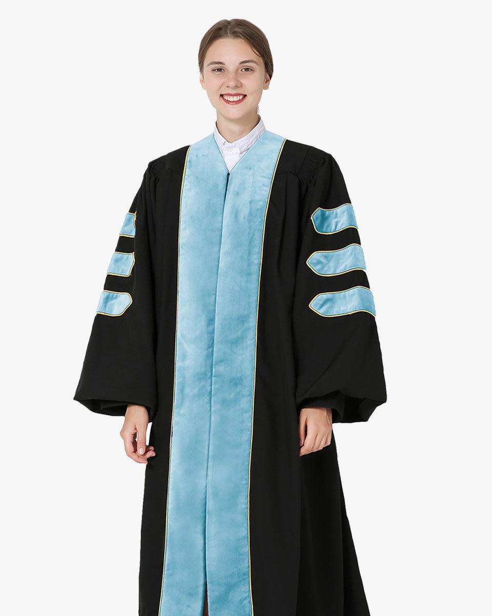Deluxe Doctoral Gown Tam - Light Blue Trim with Gold Piping - Graduation Seller