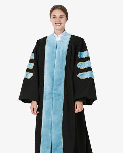Deluxe Doctoral Gown Tam - Light Blue Trim with Gold Piping - Graduation Seller