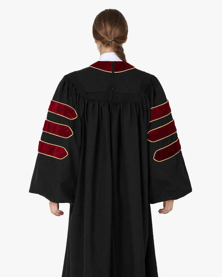 Deluxe Doctoral Graduation Gown and Cap Tam - Scarlet Trim with Gold Piping - Graduation Seller