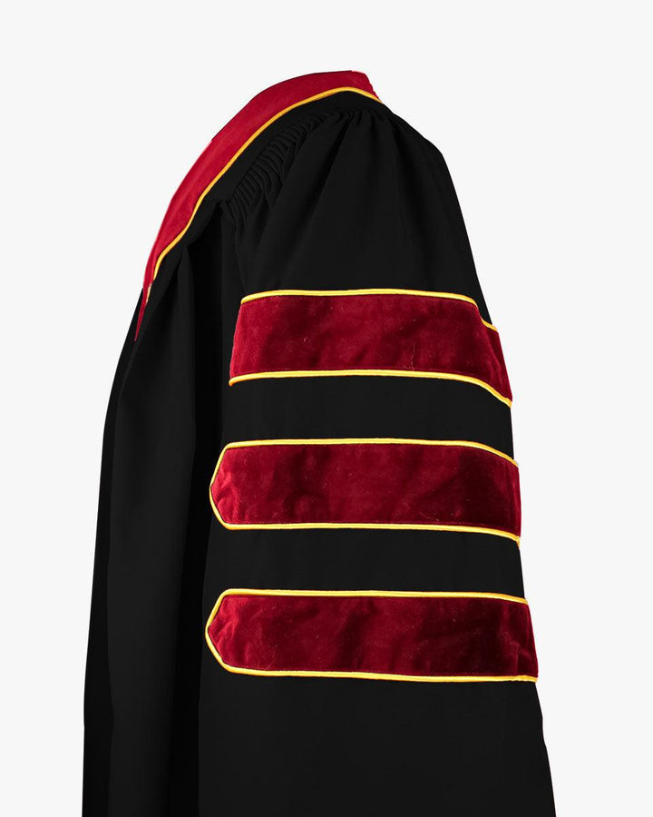Deluxe Doctoral Graduation Gown and Cap Tam - Scarlet Trim with Gold Piping - Graduation Seller