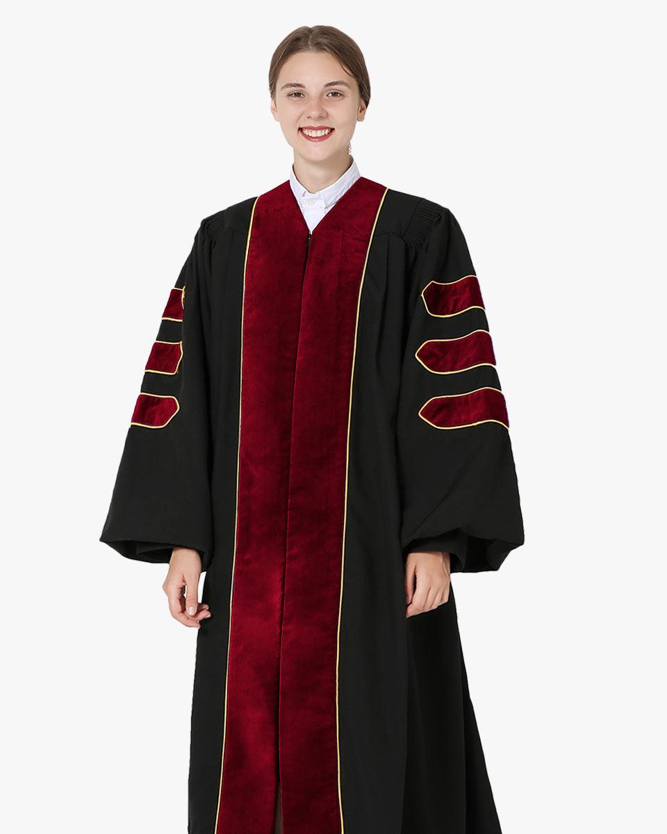 Deluxe Doctoral Graduation Gown and Cap Tam - Scarlet Trim with Gold Piping - Graduation Seller