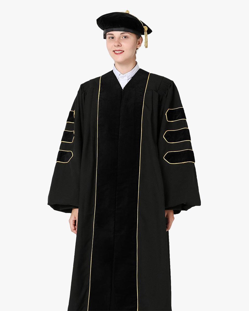 Deluxe Doctoral Gown Tam - Black Trim with Gold Piping - Graduation Seller