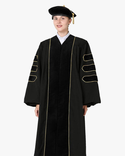Deluxe Doctoral Gown Tam - Black Trim with Gold Piping - Graduation Seller