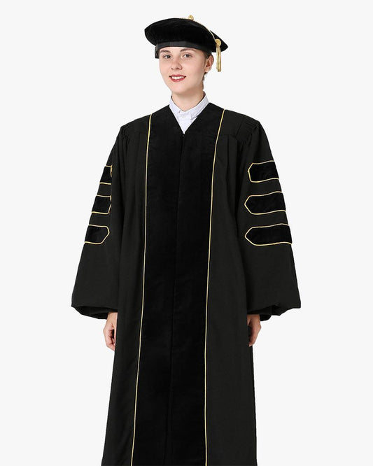 Deluxe Doctoral Gown Tam - Black Trim with Gold Piping - Graduation Seller