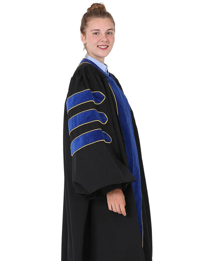 Deluxe Doctoral Gown Tam - PhD Blue Trim with Gold Piping - Graduation Seller
