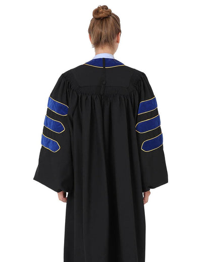 Deluxe Doctoral Gown Tam - PhD Blue Trim with Gold Piping - Graduation Seller