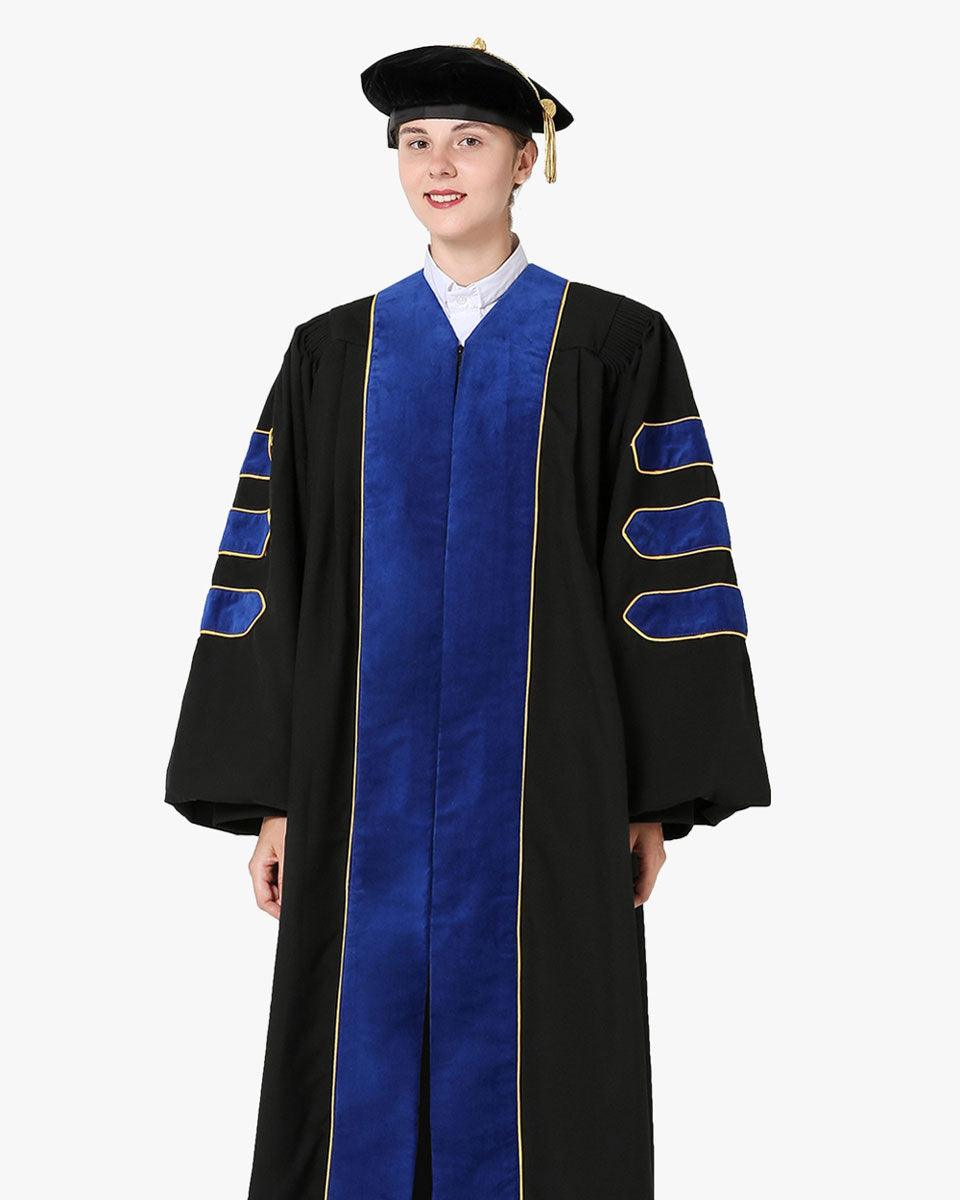 Deluxe Doctoral Gown Tam - PhD Blue Trim with Gold Piping - Graduation Seller