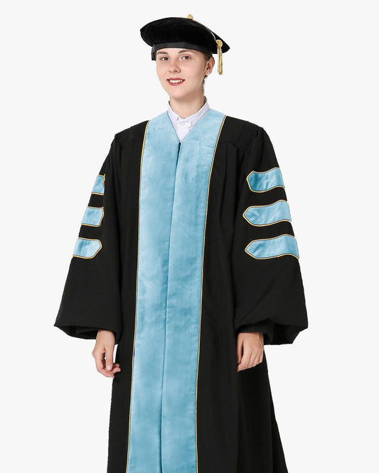 Deluxe Doctoral Gown Tam - Light Blue Trim with Gold Piping - Graduation Seller