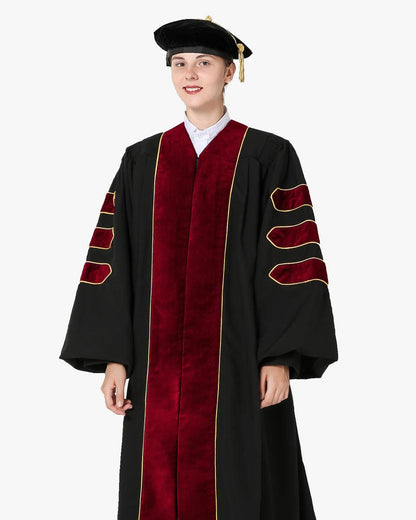 Deluxe Doctoral Graduation Gown and Cap Tam - Scarlet Trim with Gold Piping - Graduation Seller