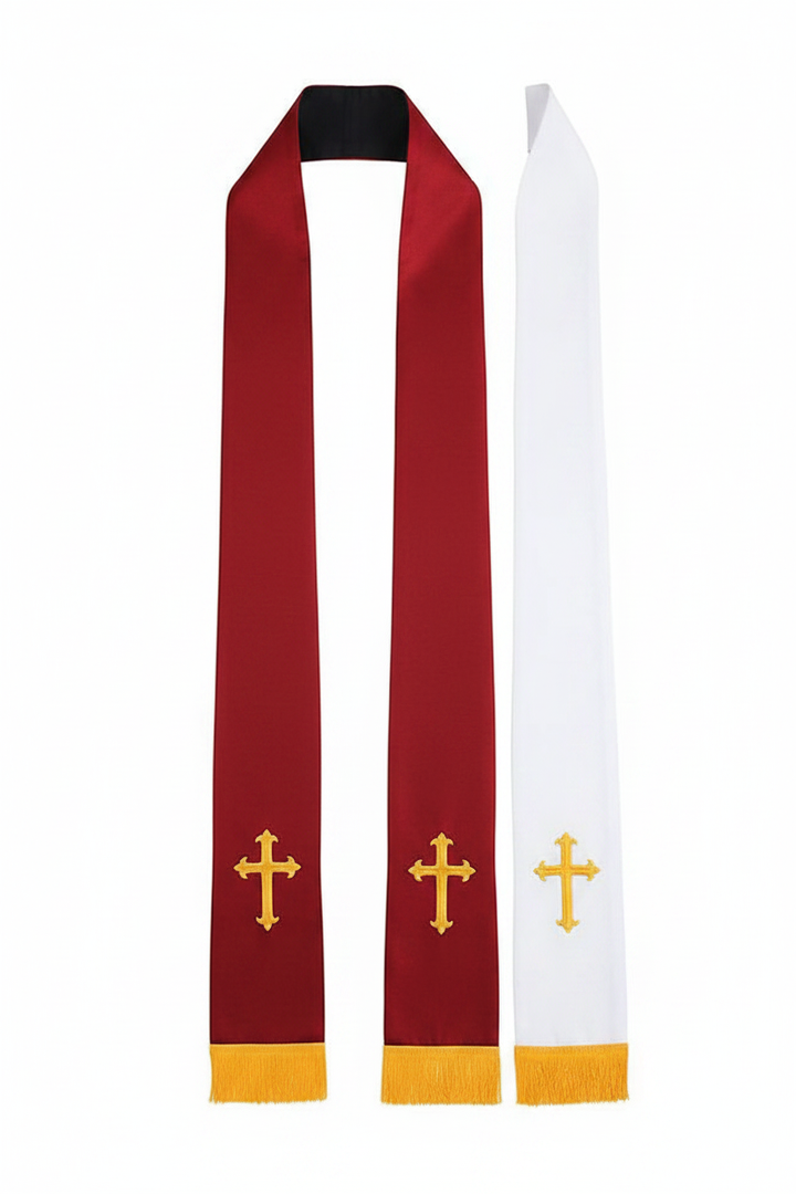 Reversible Clergy Stole with Gold Cross Embroidery & Gold Fringe | 5 Colors