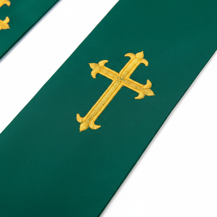 Reversible Clergy Stole with Gold Cross Embroidery & Gold Fringe | 5 Colors