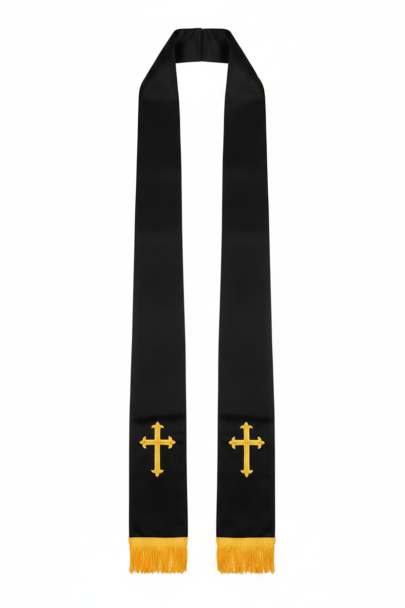 Reversible Clergy Stole with Gold Cross Embroidery & Gold Fringe | 5 Colors