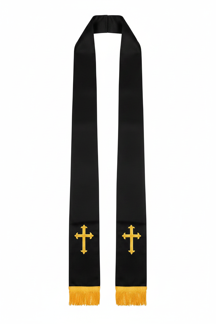 Reversible Clergy Stole with Gold Cross Embroidery & Gold Fringe | 5 Colors