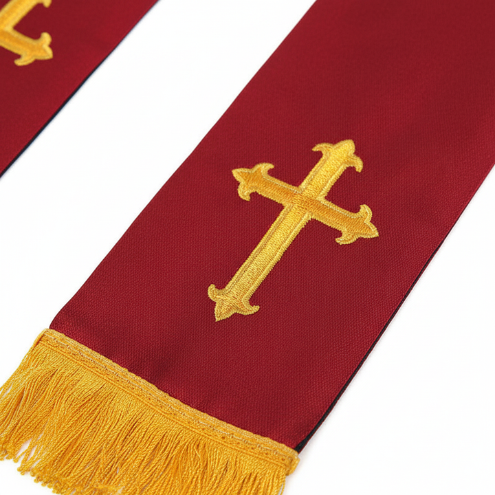 Reversible Clergy Stole with Gold Cross Embroidery & Gold Fringe | 5 Colors