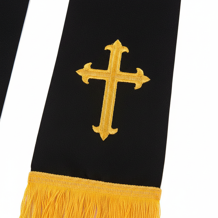 Reversible Clergy Stole with Gold Cross Embroidery & Gold Fringe | 5 Colors