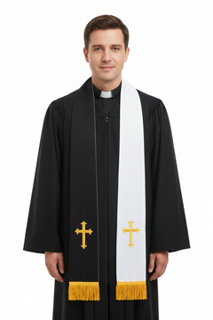 Reversible Clergy Stole with Gold Cross Embroidery & Gold Fringe | 5 Colors