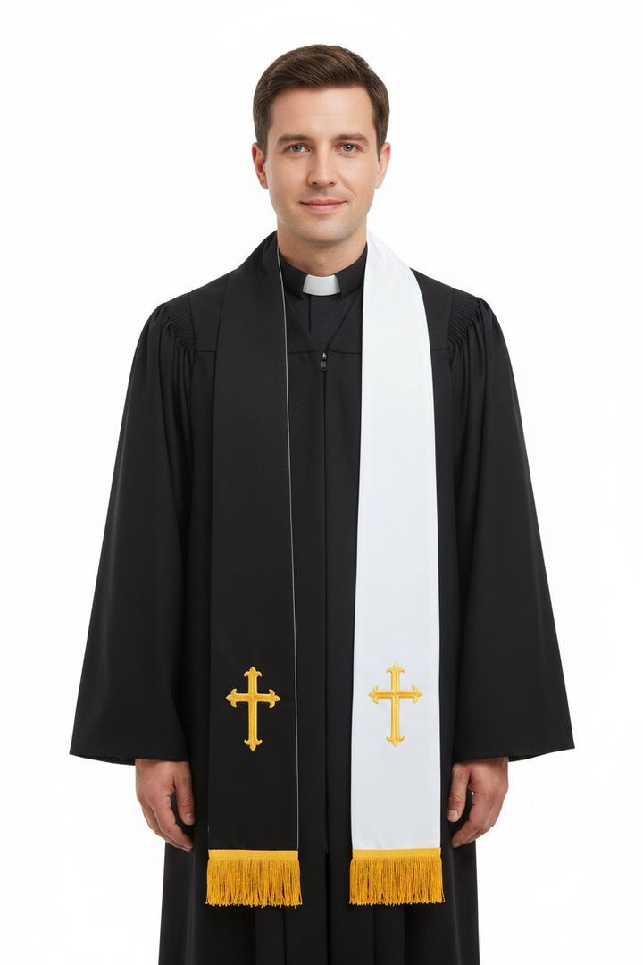 Reversible Clergy Stole with Gold Cross Embroidery & Gold Fringe | 5 Colors