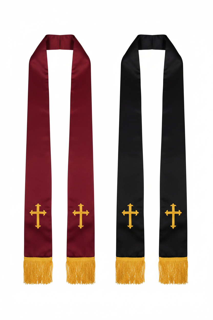 Reversible Clergy Stole with Gold Cross Embroidery & Gold Fringe | 5 Colors