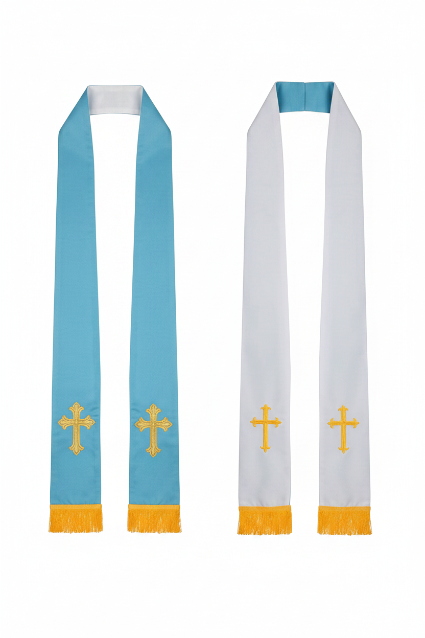 Reversible Clergy Stole with Gold Cross Embroidery & Gold Fringe | 5 Colors