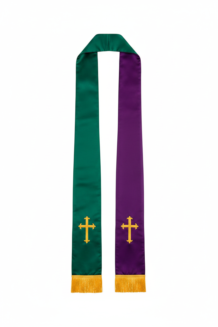 Reversible Clergy Stole with Gold Cross Embroidery & Gold Fringe | 5 Colors