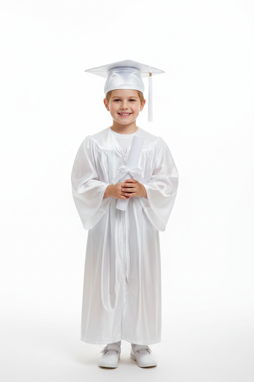 Shiny White Elementary Cap & Gown - Model Shot