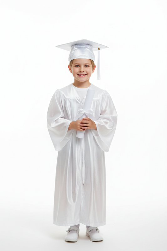 Shiny White Elementary Cap & Gown - Model Shot