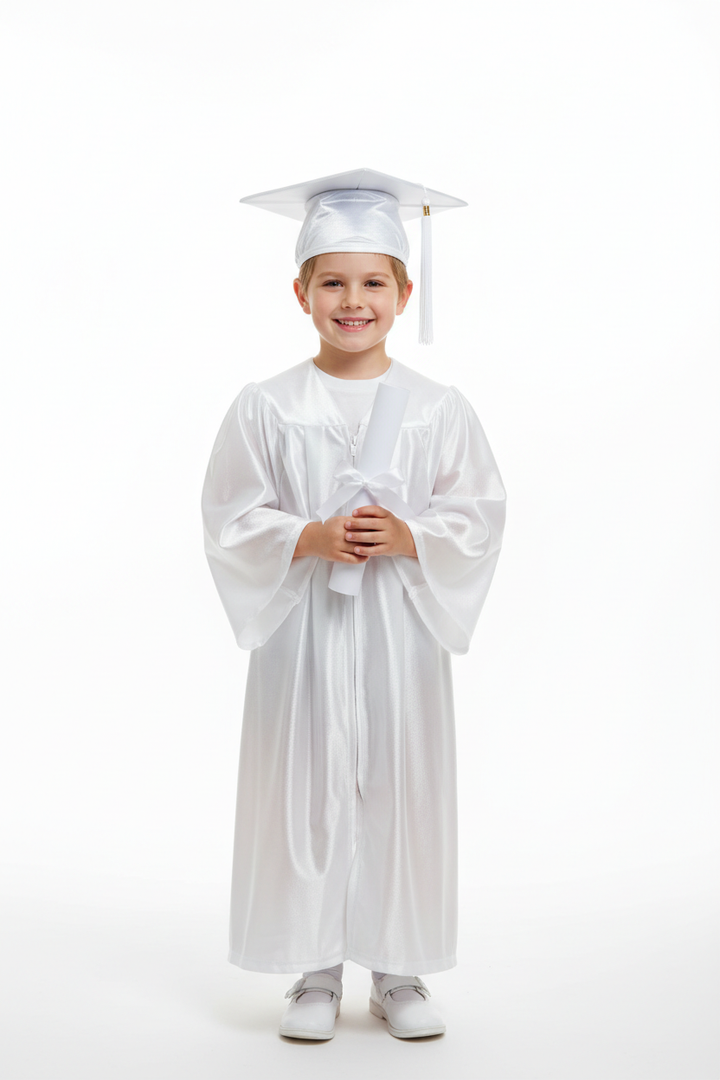Shiny White Elementary Cap & Gown - Model Shot