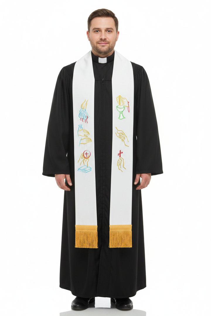 Male model wearing the white side of the reversible clergy stole over a black cassock, full body front view, white background