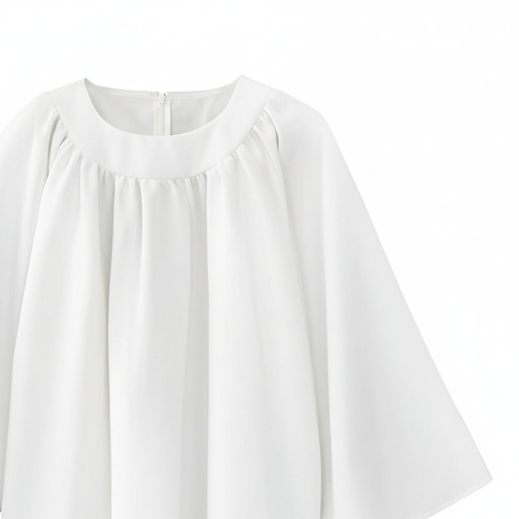 Close-up detail of white choir robe showing round neckline gathered pleats and wide bell sleeve, white background