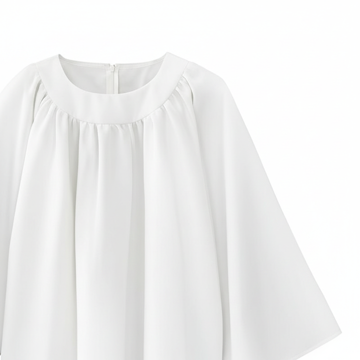 Close-up detail of white choir robe showing round neckline gathered pleats and wide bell sleeve, white background