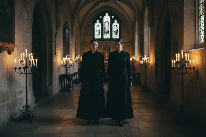 Black Medieval Clergy Cassock Robe - Atmosphere Scene in Church