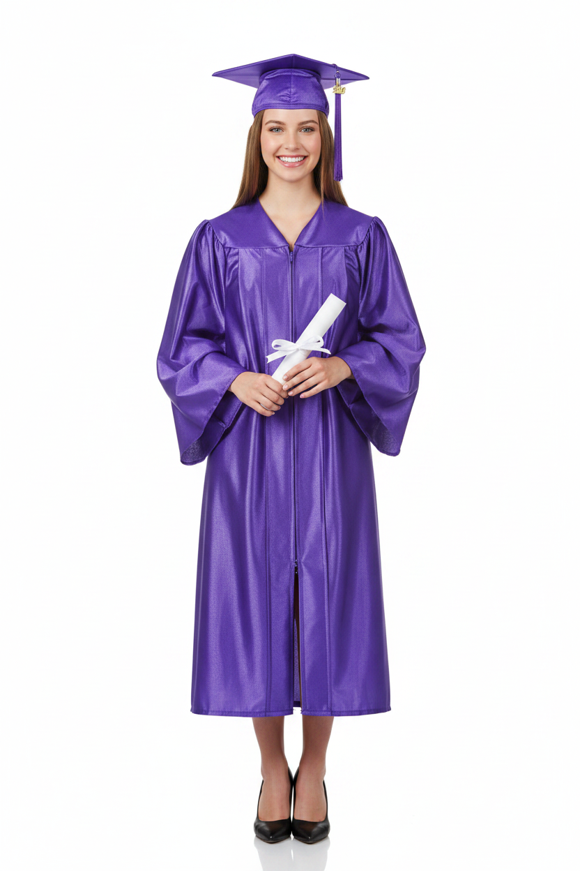 Shiny Purple High School Cap & Gown - Model Shot