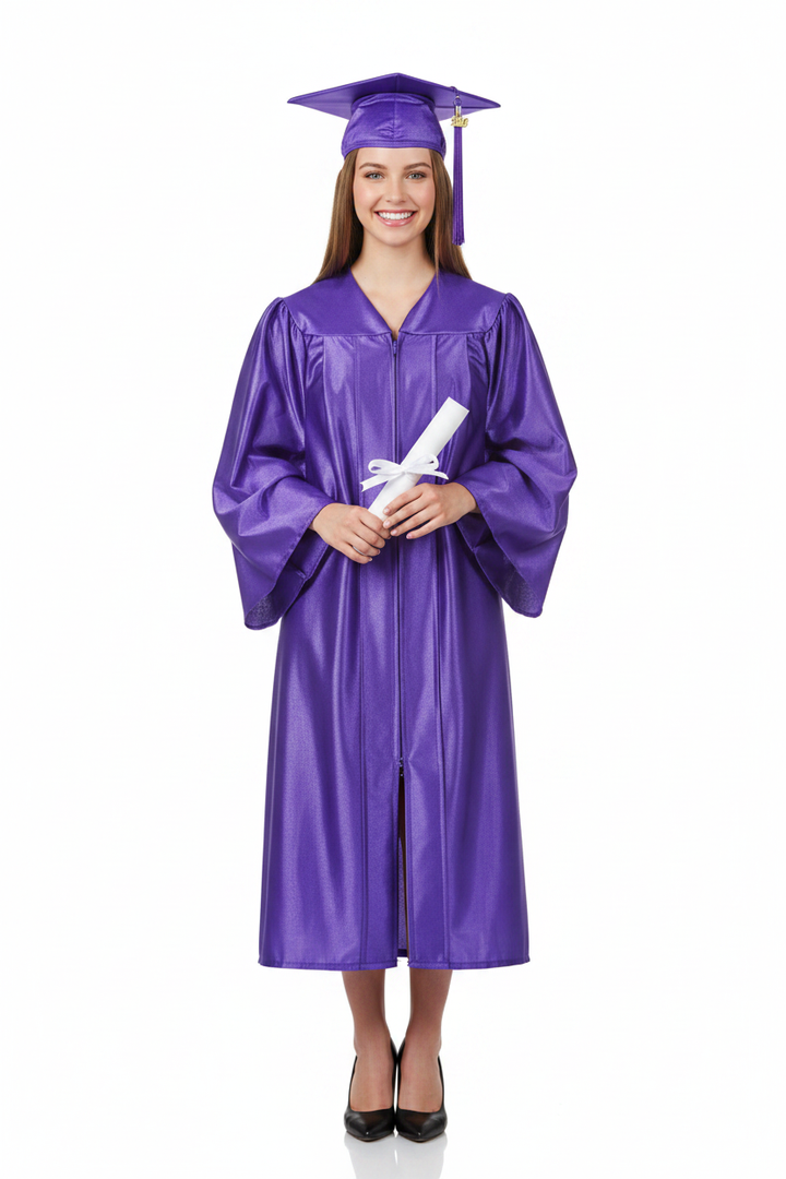 Shiny Purple High School Cap & Gown - Model Shot