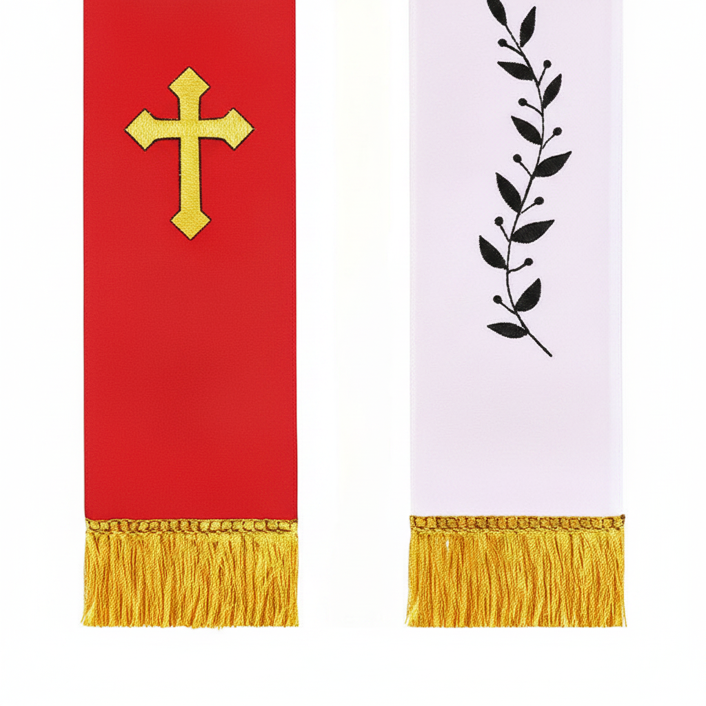 Close-up detail of red clergy stole showing gold cross embroidery and white reverse side with olive branch embroidery and gold fringe, white background