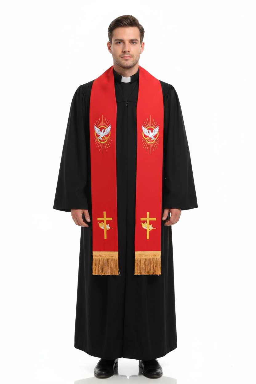 Male model wearing red reversible clergy stole with dove cross gold embroidery and gold fringe over black cassock, full body front view, white background