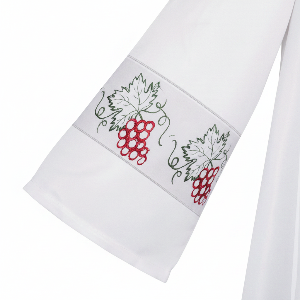Close-up detail of white clergy alb robe sleeve cuff showing grape vine and red grape cluster embroidery band, white background