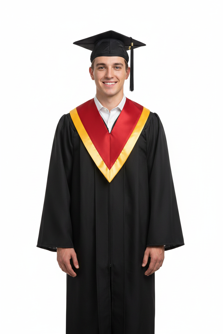 Male model wearing red and gold two-tone graduation V-stole over black gown, full body front view, white background