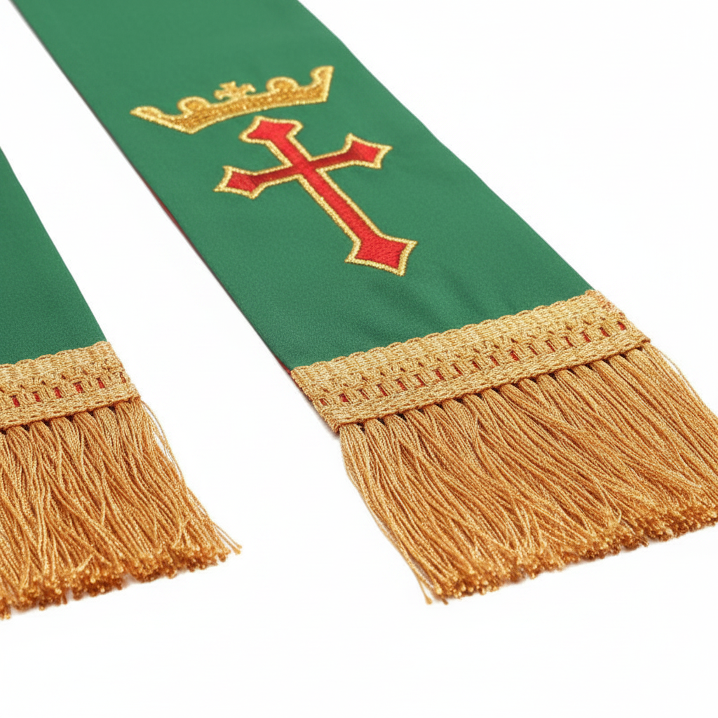 Close-up detail of green clergy stole showing gold crown and red cross embroidery and gold fringe tassel, white background