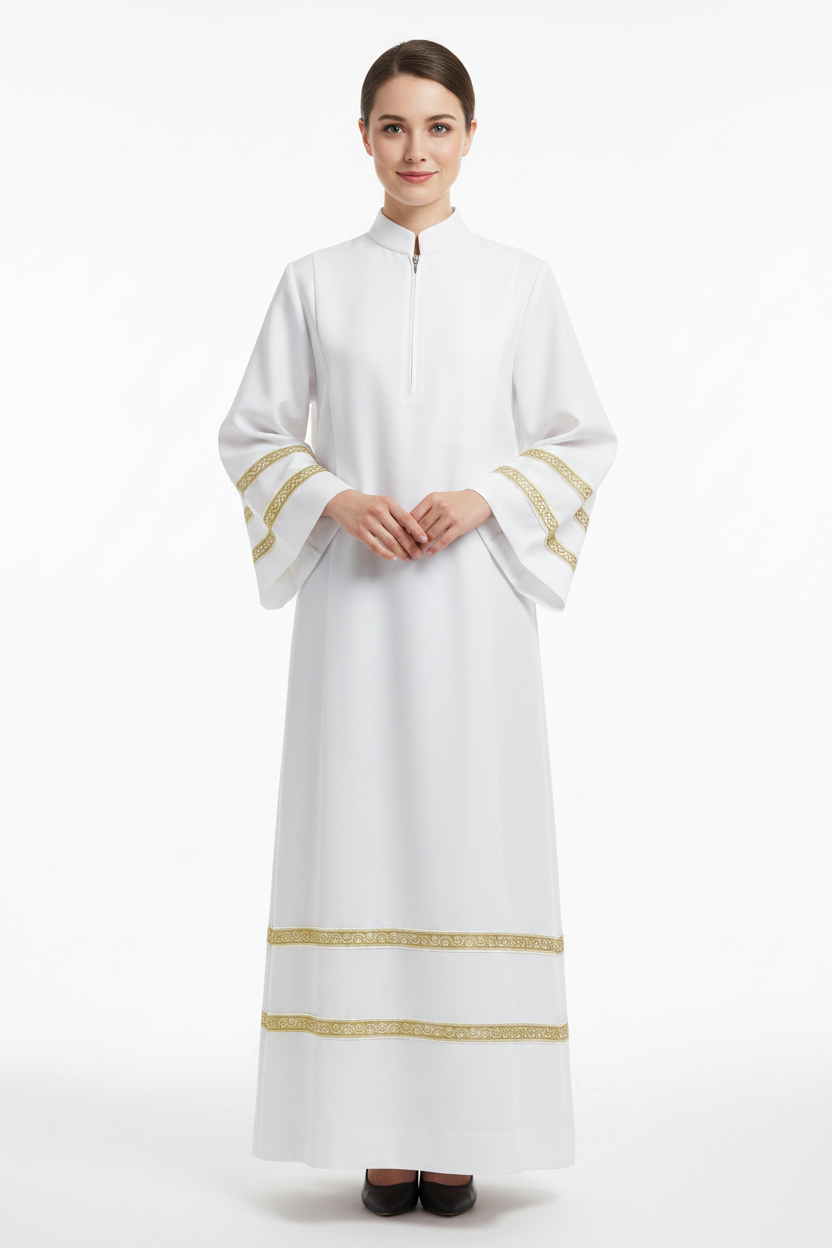 Female model wearing white liturgical choir robe with gold braid trim, full body front view, white background