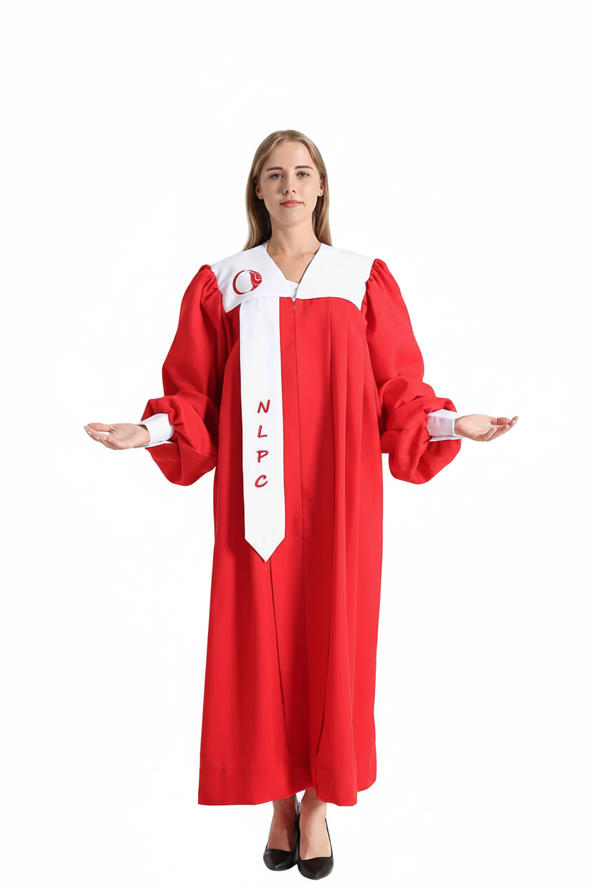 Female model wearing red choir robe with white yoke and custom embroidered white front stole, bishop sleeves, full body front view, white background