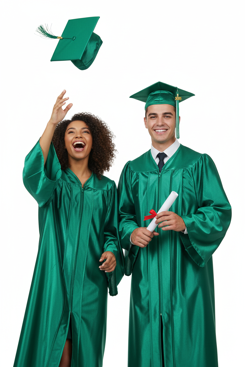 Shiny Emerald Green High School Cap and Gown - Model Display