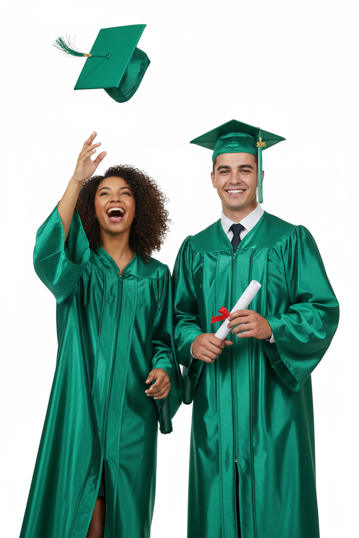 Shiny Emerald Green High School Cap and Gown - Model Display