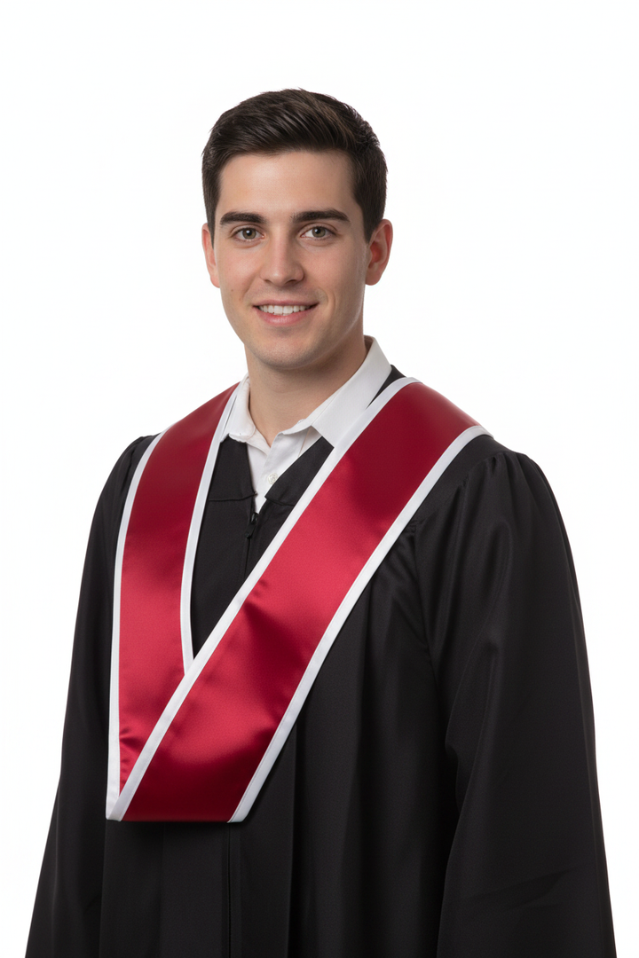 Red Slanted Graduation Stole with White Trim model display