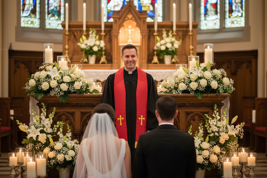 Pastor wearing red reversible clergy stole officiating wedding ceremony at church altar with flowers and candles, cinematic atmosphere
