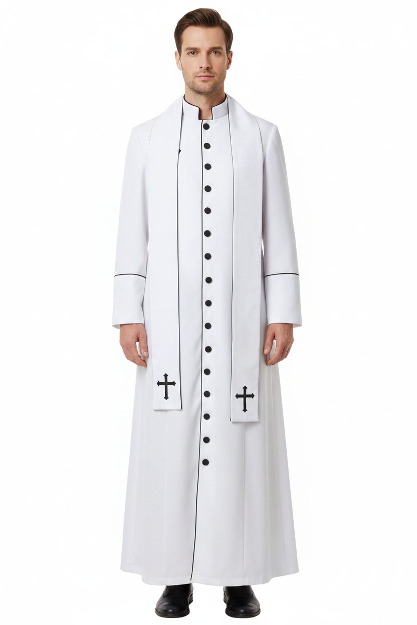 Male model wearing white clergy cassock robe with stole, stand collar cross embroidery, full body front view, white background