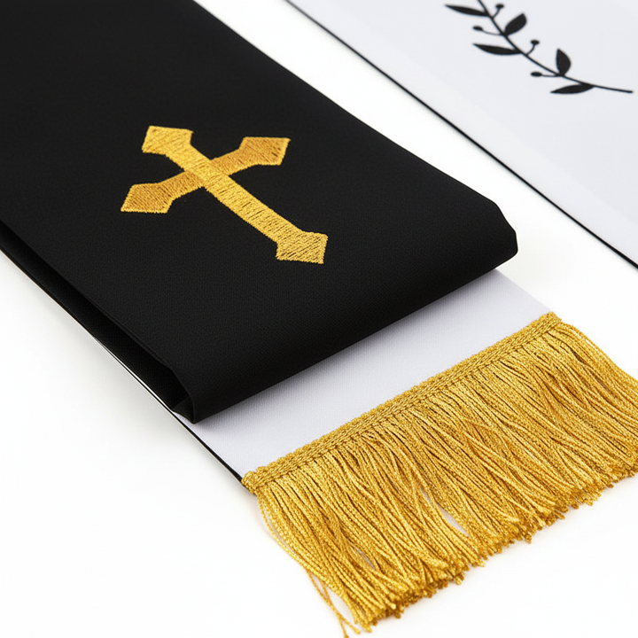 Close-up detail of black clergy stole showing gold cross embroidery and white reverse side with olive branch embroidery and gold fringe, white background