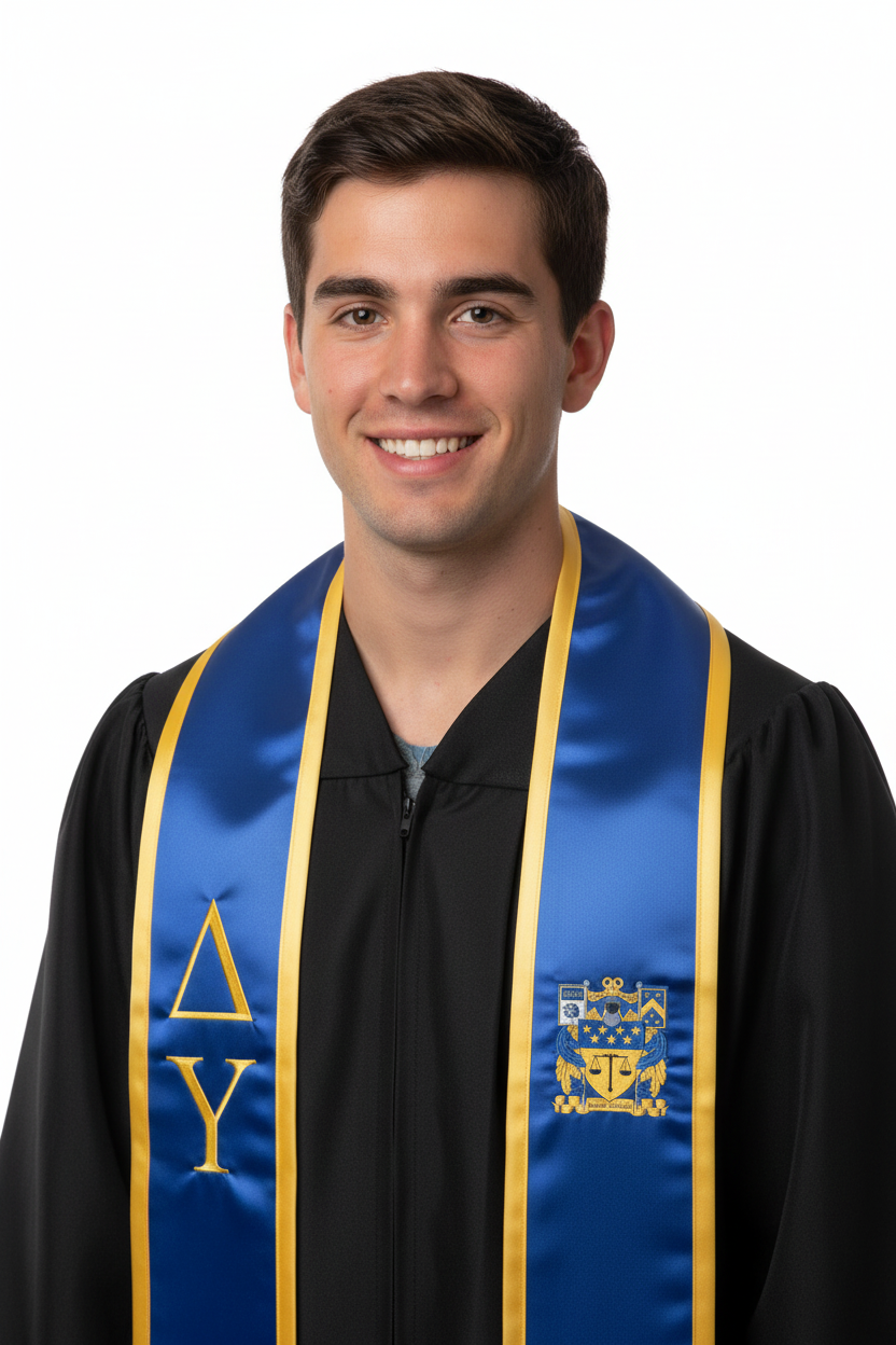 Delta Upsilon Trimmed Greek Lettered Graduation Stole W/ Crest model display