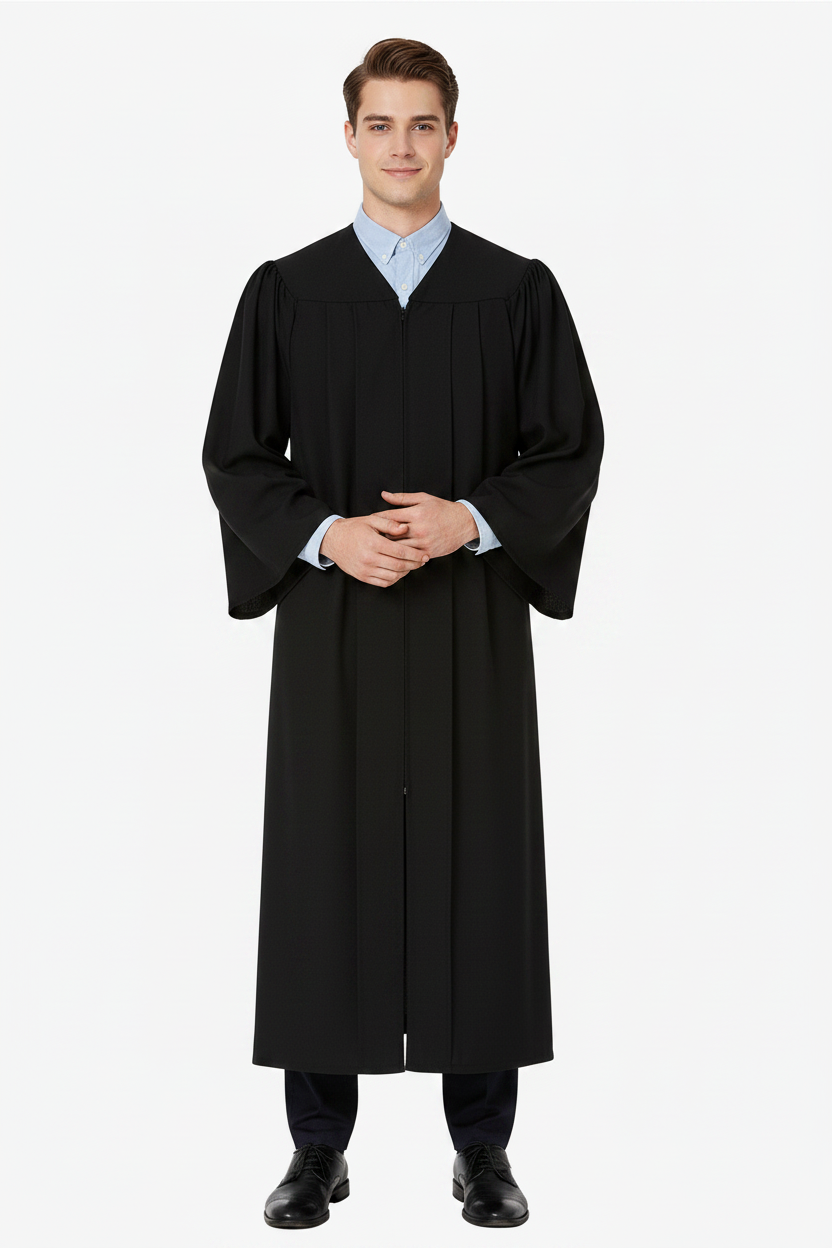 Male model wearing economy black master graduation gown, white background